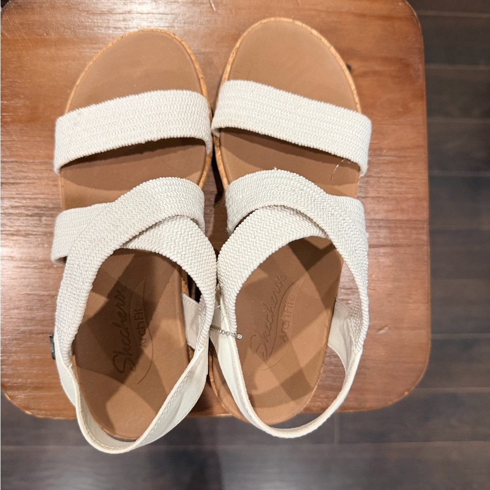 Skechers Women's Tan and Cream Wedge Sandals - Picture 2 of 4